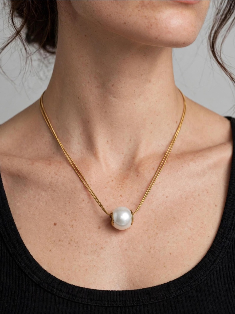 Gold Stainless Steel Pearl Necklace 26mm Large White Pearl Pendant Double Chain